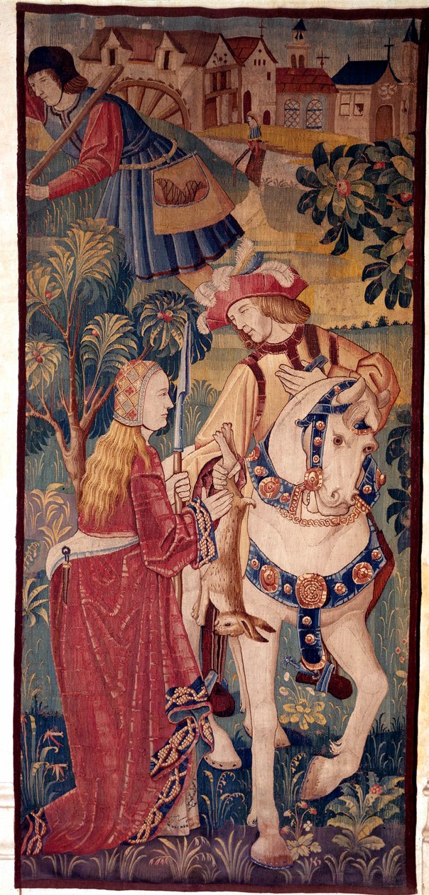 Jaktens retur. En gentleman tilbyr spill til en ung dame. Tapet fra Nederland av School Netherlandish