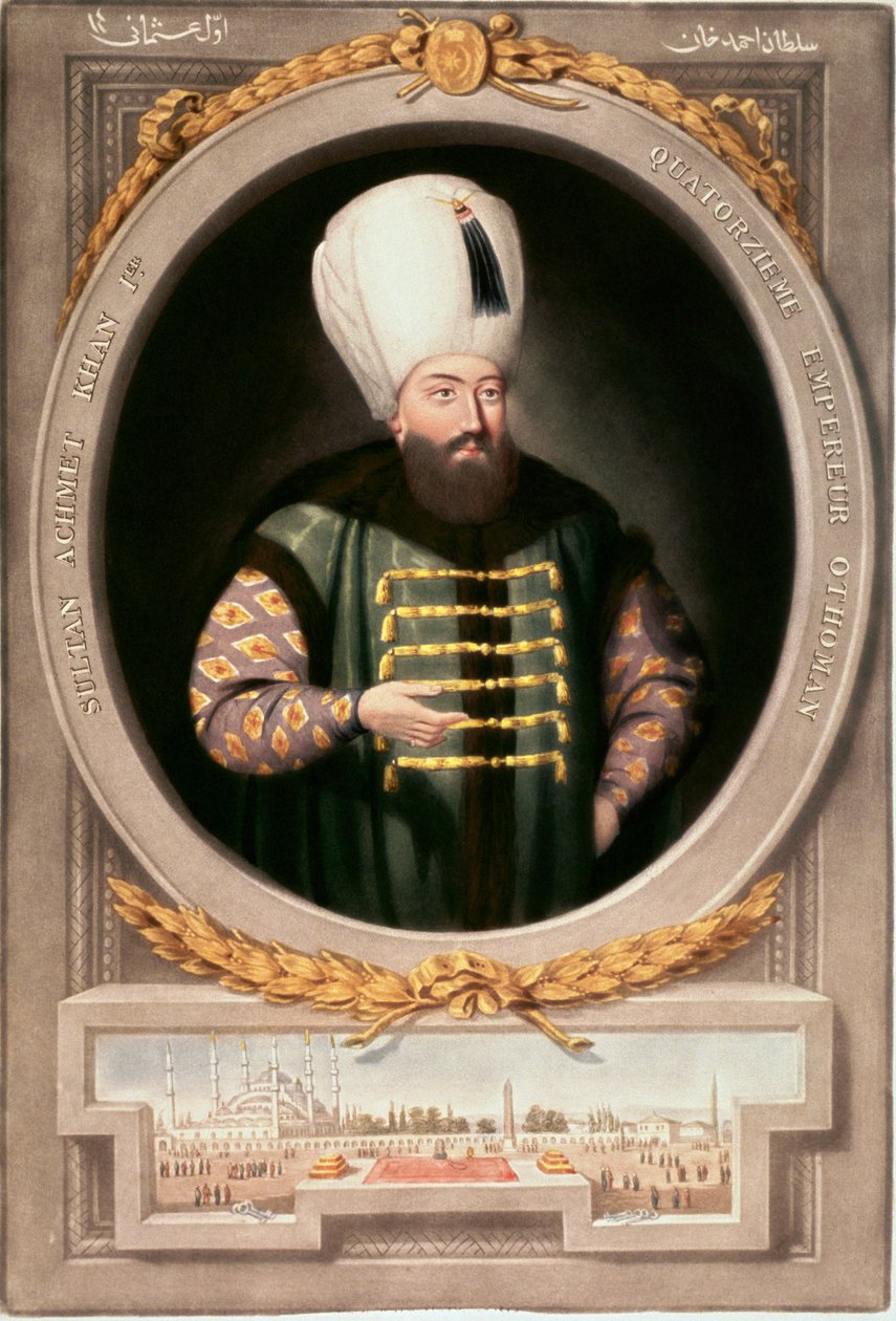 Det osmanske riket: Portrett av Sultan Ahmed I (1590-1617)"" Miniatyrbiblioteket til Topkapi Sarayi Istanbul Museum av School Ottoman