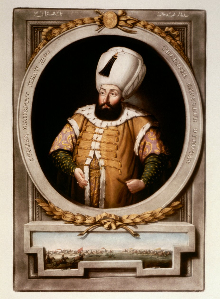 Det osmanske riket: Portrett av Sultan Mehmet (Mehmed) III (1566-1603) Miniatyrbiblioteket til Topkapi Sarayi Istanbul av School Ottoman