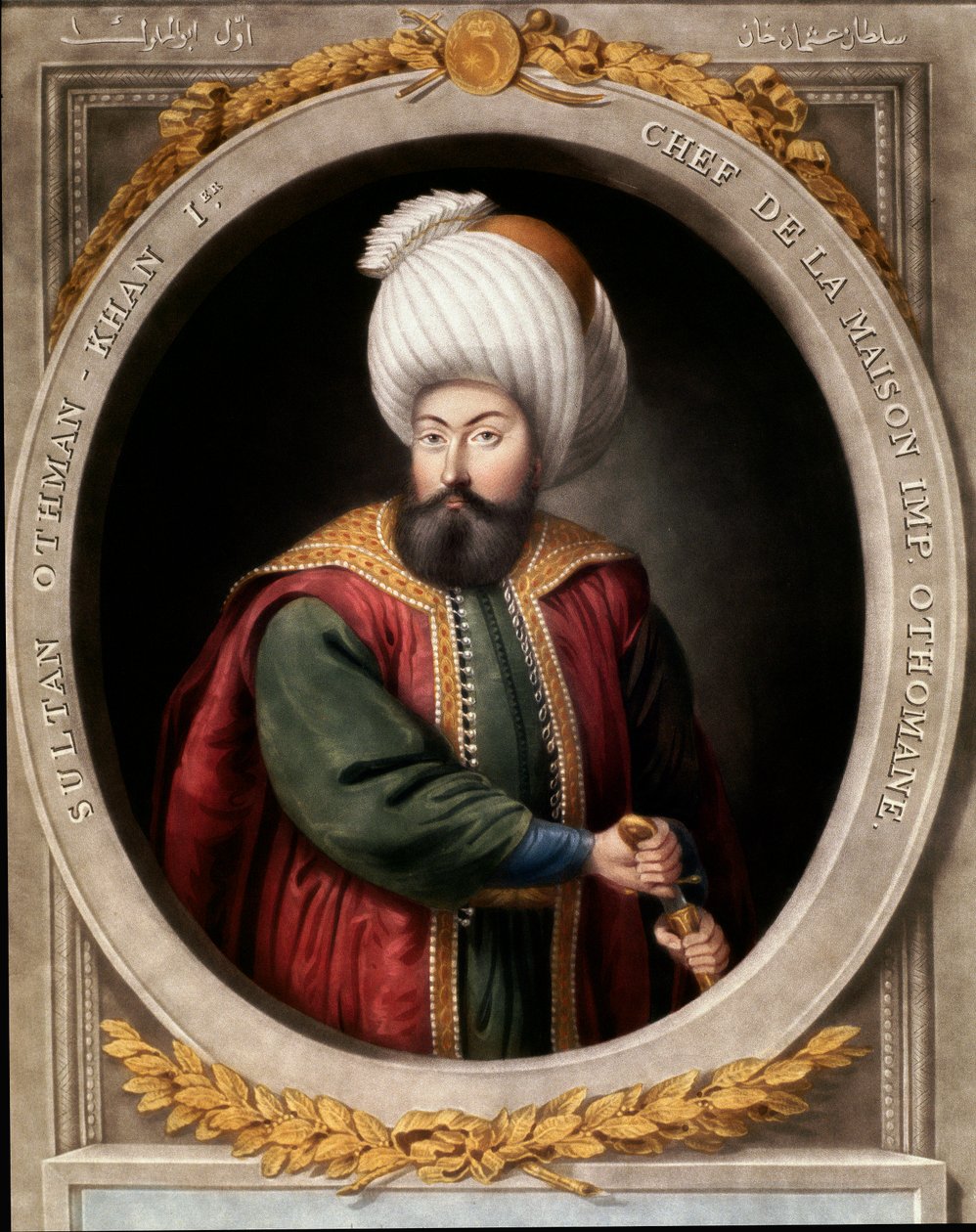 Det osmanske riket: portrett av den første osmanske sultanen Osman I (1299-1326). Topkapi Sarayi Istanbul bibliotek av School Ottoman
