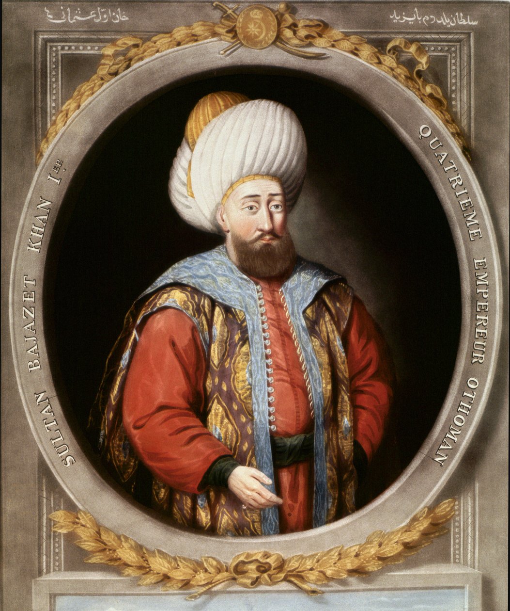 Det osmanske riket: portrett av den fjerde osmanske sultanen Bayazid I kjent som Yildirim (lynet) (1389-1402). Topkapi Sarayi Istanbul bibliotek av School Ottoman