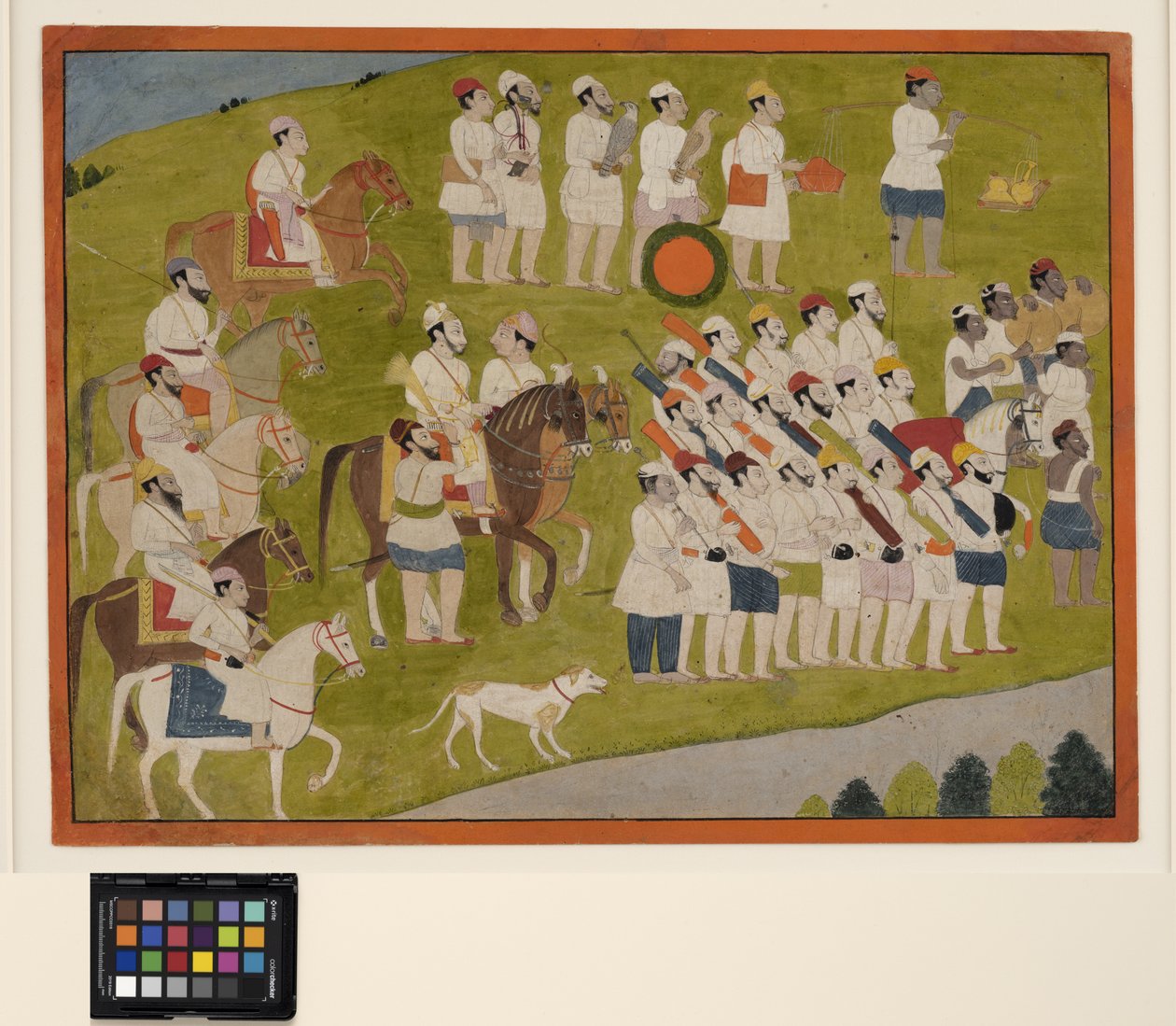 En Bhoti-prins forbereder seg på jakten, ca. 1800 (ugjennomsiktig m/c på papir) av School Pahari