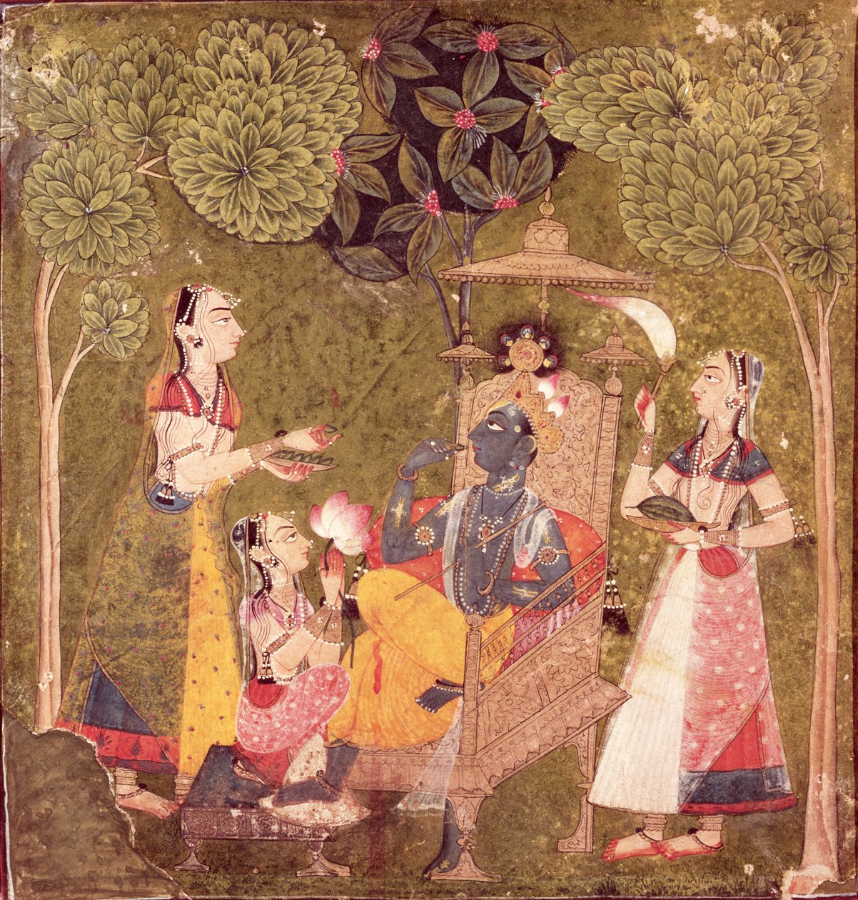 Krishna og jomfruer, Himachal Pradesh, Pahari School, ca. 1710 (akvarell på papir) av School Pahari