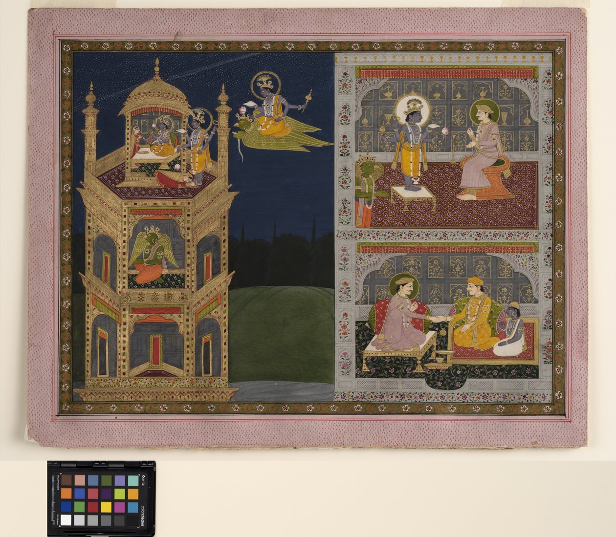 Vishnu nærmer seg et gyldent tårn på Garuda, ca. 1825 (ugjennomsiktig akvarell og gull på papir) av School Pahari