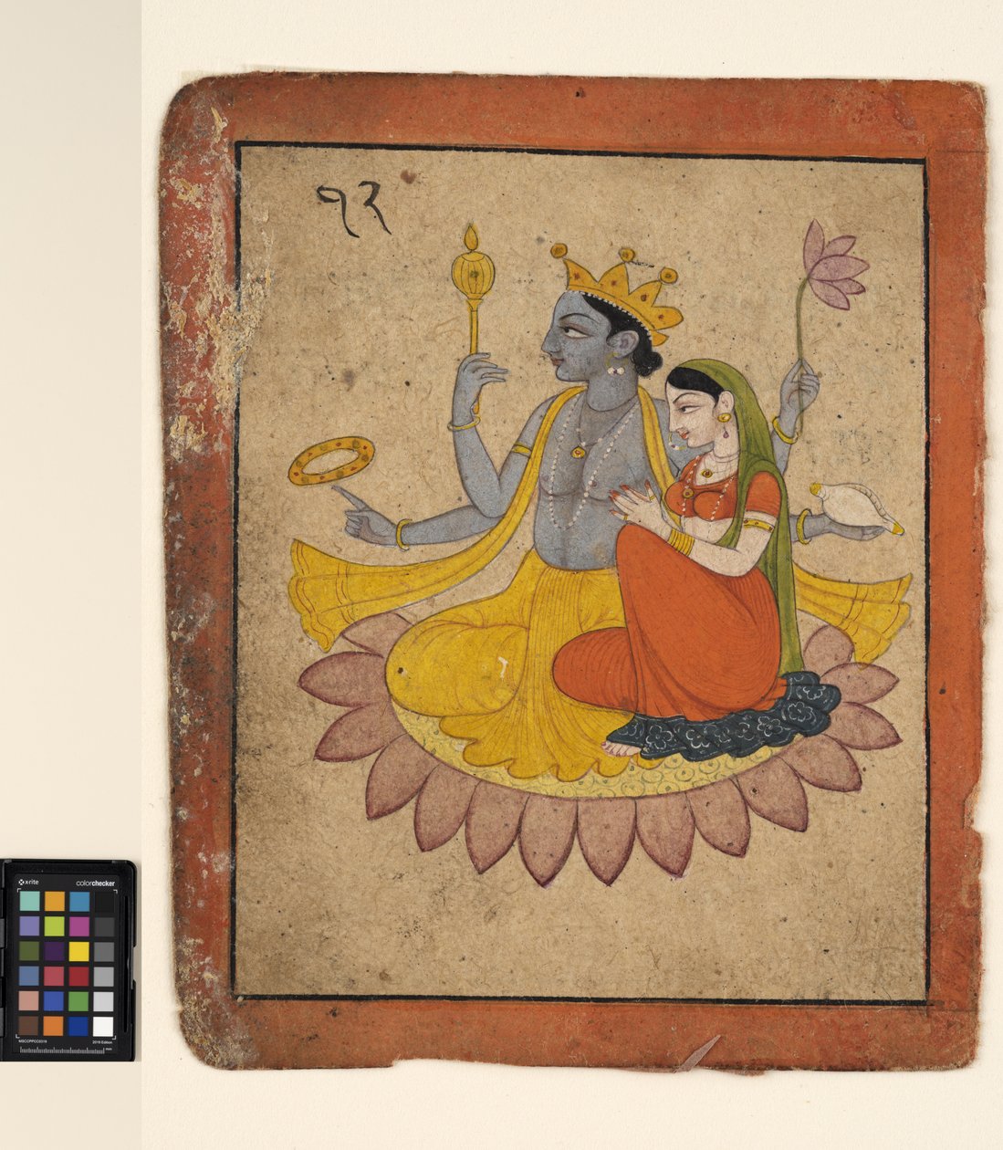 Vishnu med Lakshmi på en lotus, ca. 1780 (ugjennomsiktig akvarell på papir) av School Pahari
