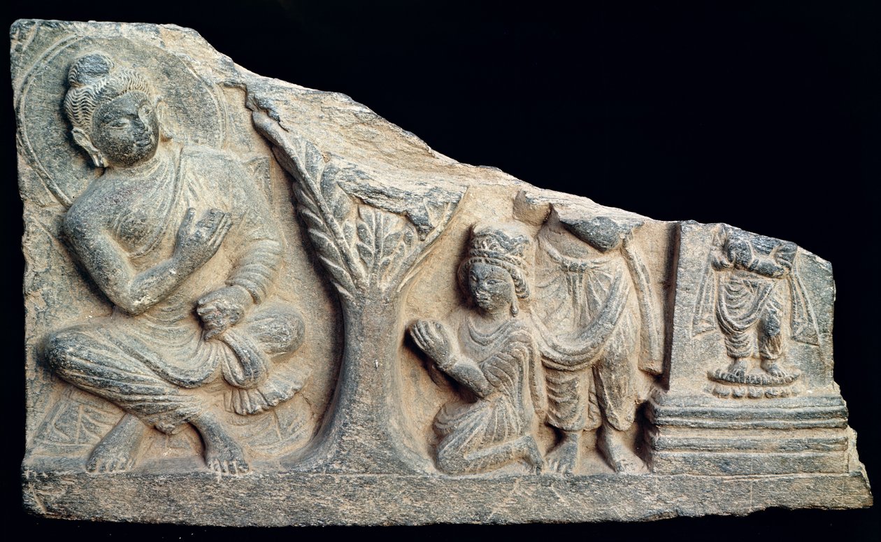 Detalj av en reliefffrise som viser en sittende Buddha med oranter, gresk-buddhistisk stil, fra Taxila, Pakistan av School Pakistani
