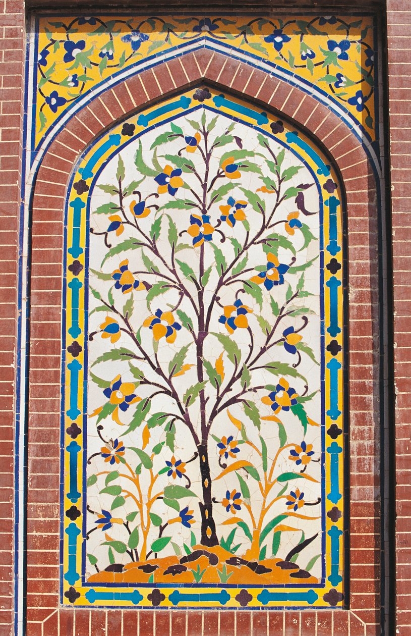 Blomstrende tre, Majolica-dekorasjon, Wazir Khan-moskeen (1600-tallet), Lahore, Punjab, Pakistan av School Pakistani