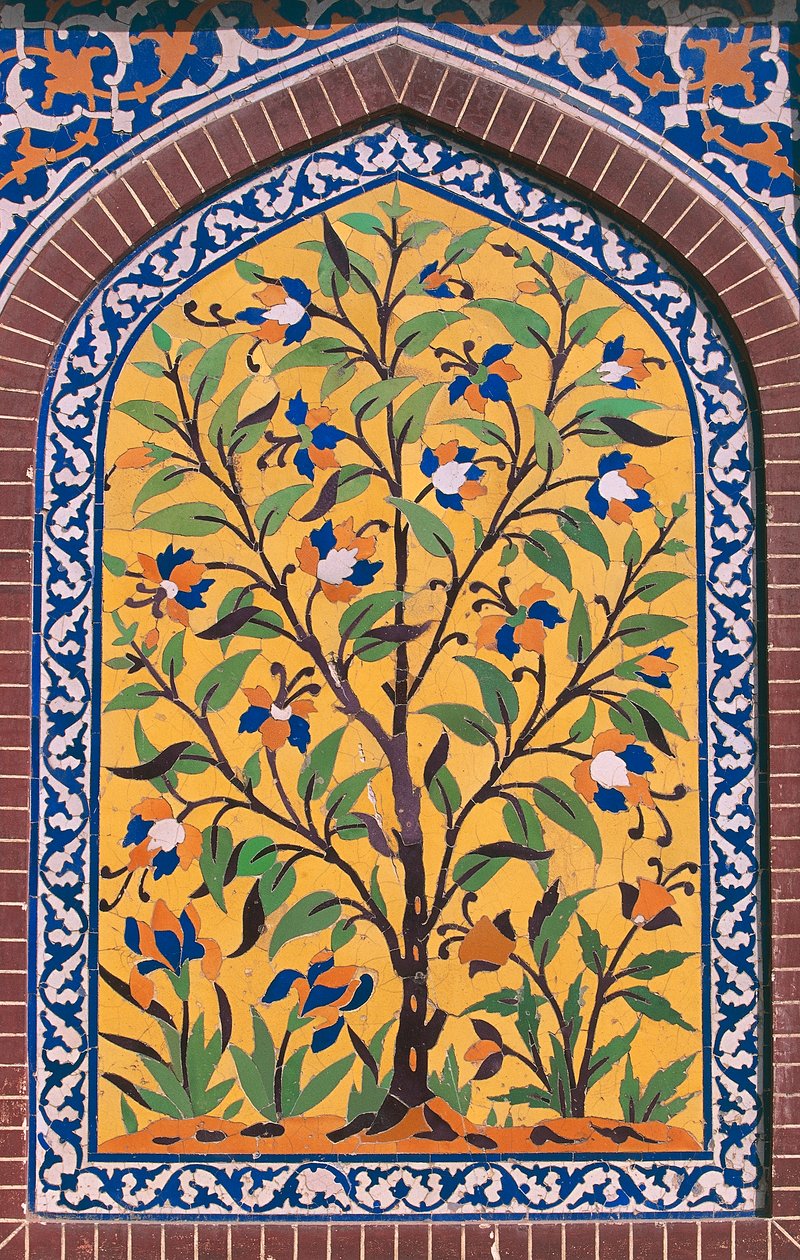 Blomstrende tre, Majolica-dekorasjon, Wazir Khan-moskeen (1600-tallet), Lahore, Punjab, Pakistan av School Pakistani