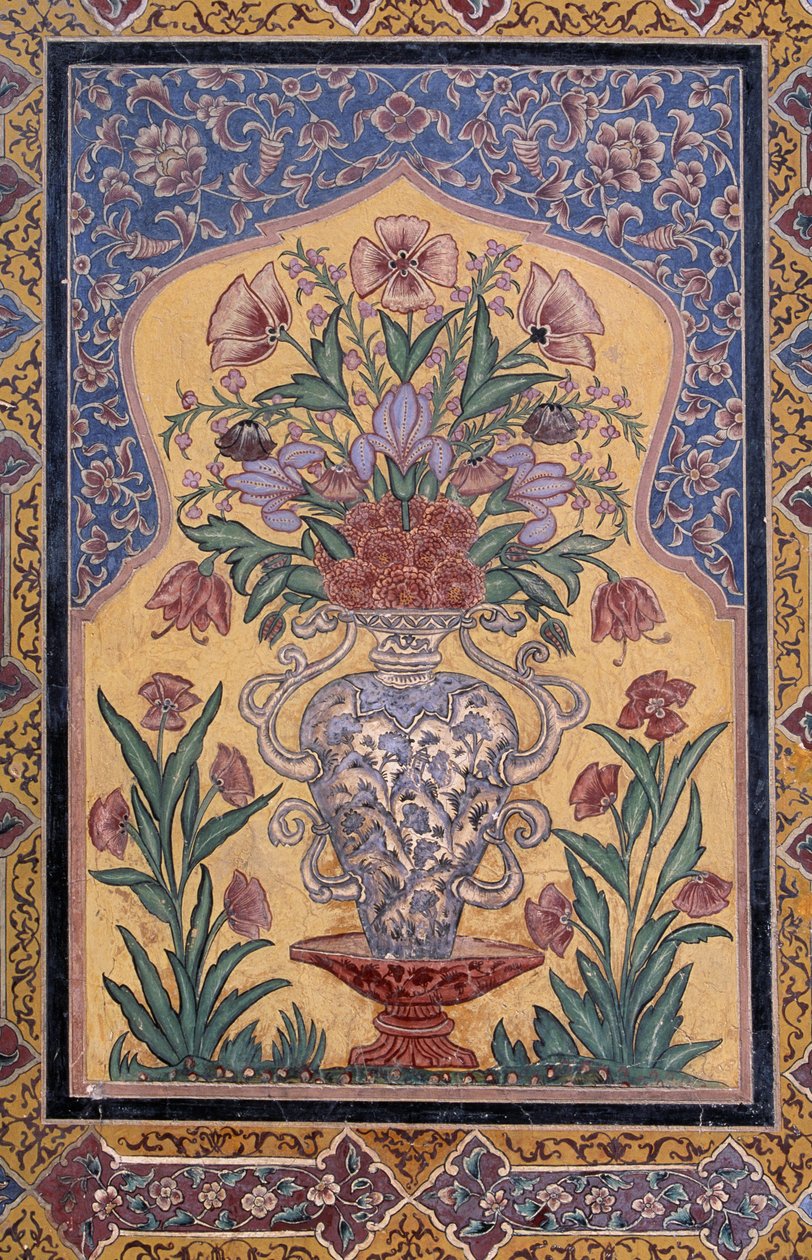 Vase med blomster, dekorative detaljer fra Wazir Khan-moskeen (1600-tallet), Lahore, Punjab, Pakistan av School Pakistani