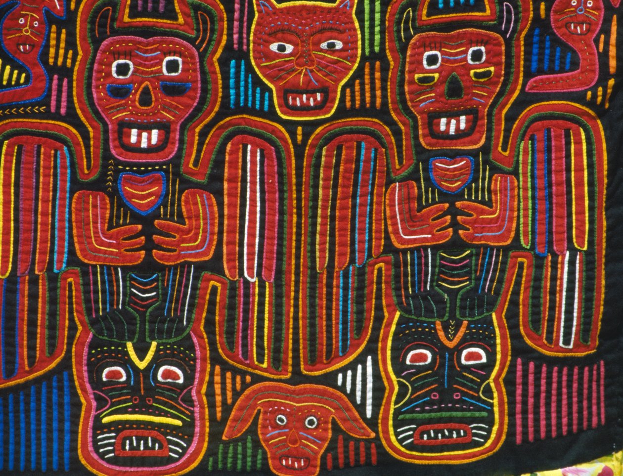 Håndsydd farget bomull, San Blas Archipelago, Republikken Panama, Detalj av School Panamanian
