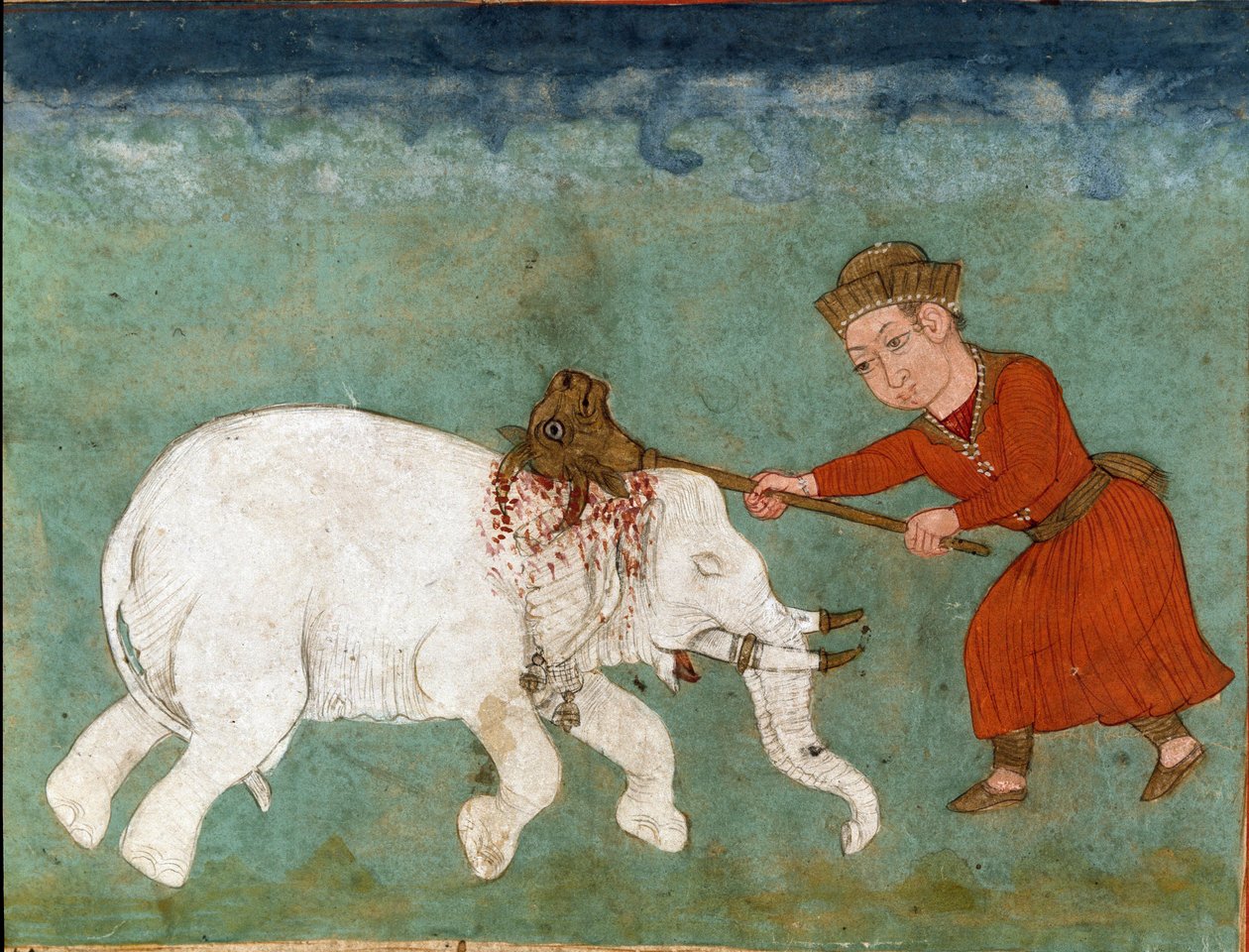 Islamsk kunst: Rostam (eller Rustam) mytiske helter og sønn av Zal dreper den hvite elefanten. Persisk miniatyr fra et manuskript av det episke diktet "Shahnameh"" (Shah Nama, Shahnama) (Kongenes bok) av Ferdowsi (Firdawsi, eller Ferdawsi, eller Firdousi,  av School Persian
