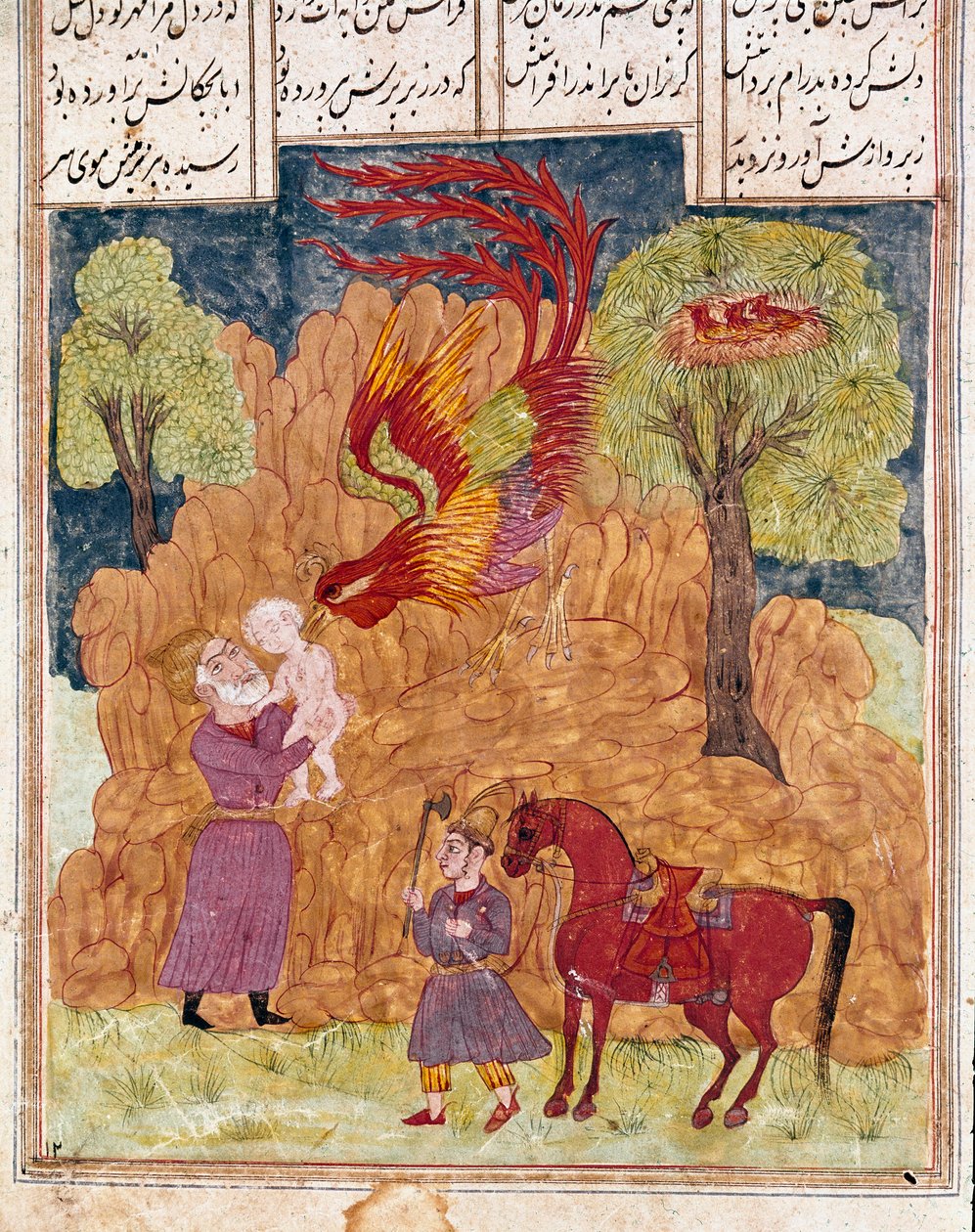 Islamsk kunst: Den fabelaktige fuglen Simurgh (lik føniks eller feniks) bærer Zal, sønn av kong Siyam, forlater i fjellet fordi han ikke er albino. Persisk miniatyr fra et manuskript av det episke diktet "Shahnameh"" (Shah Nama, Shahnama) (Kongenes bok) av School Persian