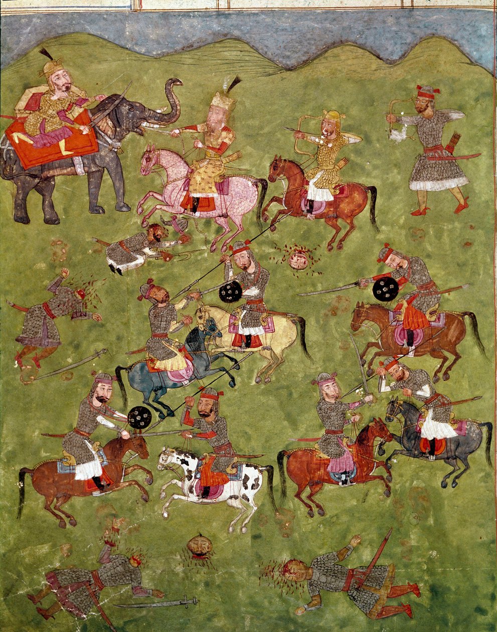 Islamsk kunst: kampscene. Persisk miniatyr fra et manuskript av det episke diktet "Shahnameh"" (Shah Nama, Shahnama) (Kongenes bok) av Ferdowsi (Firdawsi, eller Ferdawsi, eller Firdousi, ca. 940-rundt 1020) Biblioteca Nazionale Naples av School Persian