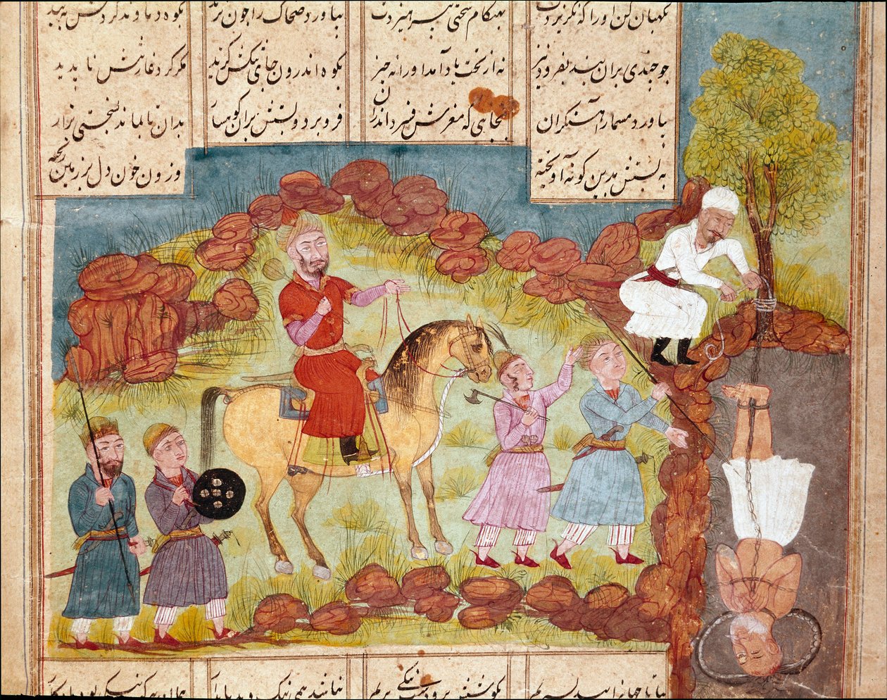 Islamsk kunst: scene for tortur av en fiende, levende begravet ved foten av et tre. Persisk miniatyr fra et manuskript av det episke diktet "Shahnameh"" (Shah Nama, Shahnama) (Kongenes bok) av Ferdowsi (Firdawsi, eller Ferdawsi, eller Firdousi, ca. 940-run av School Persian