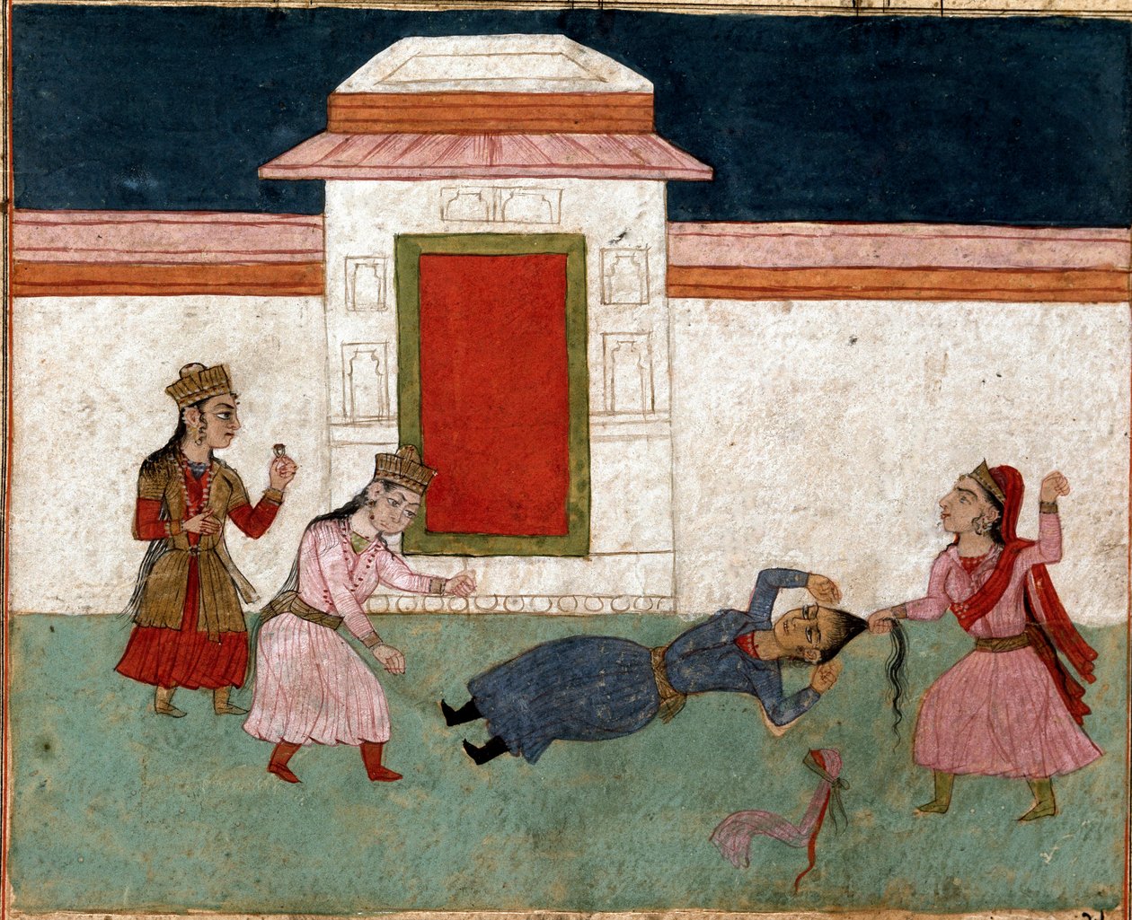 Islamsk kunst: to medhustruer som kjemper i et harem, favoritten griper hennes rival i håret. Persisk miniatyr fra et manuskript av det episke diktet "Shahnameh"" (Shah Nama, Shahnama) (Kongenes bok) av Ferdowsi (Firdawsi, eller Ferdawsi, eller Firdousi, c av School Persian