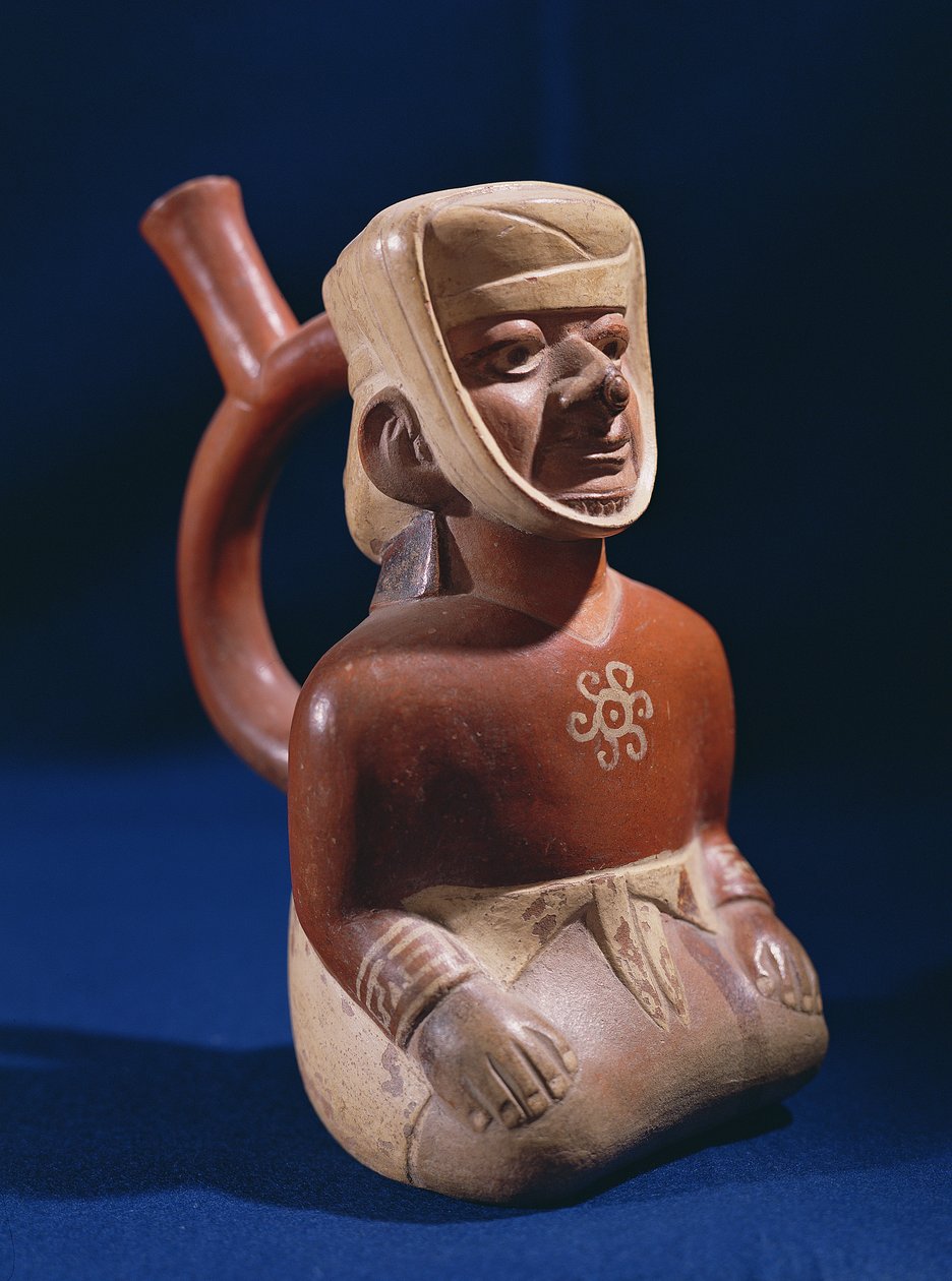 Vase i form av en knelende kvinne, Mochica, 200-800 AD, (keramikk) av School Peruvian