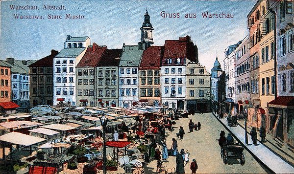 Postkort som viser Old Town Market Place i Warszawa, ca. 1910 (litho i farge) av School Polish