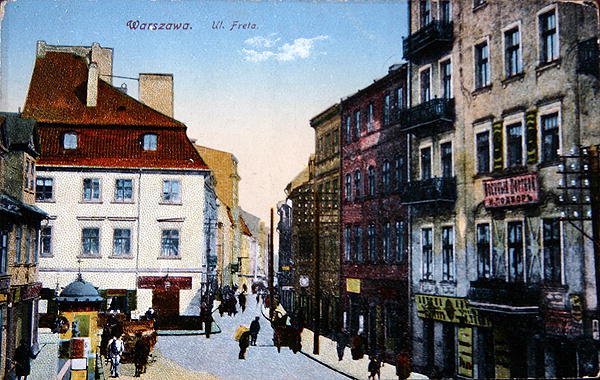 Postkort som viser et gatebilde i det gamle sentrum av Warszawa, ca. 1910 (litho-farge) av School Polish