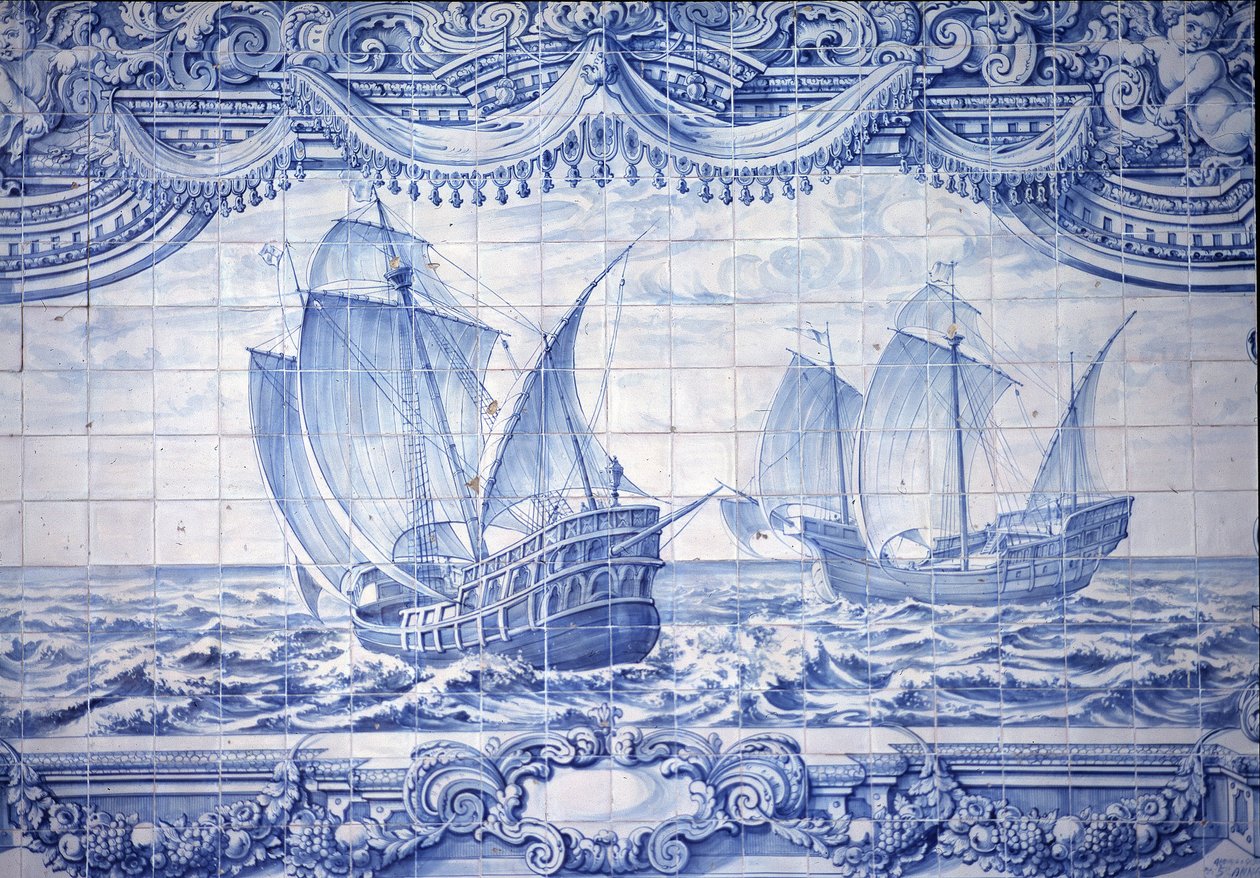 Karaveller på 1400- og 1600-tallet, azulejos, rundt Lisboa, Portugal. av School Portuguese