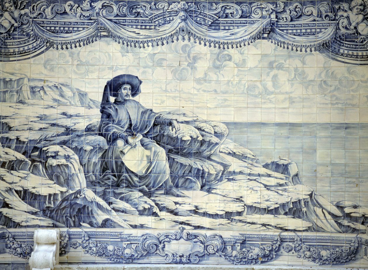 Navigatøren Henry, sitter og ser på havet - Azulejo fra omgivelsene til Lisboa (Sintra). av School Portuguese