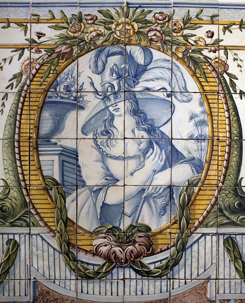 Ornamental panel med et portrett av en kvinne, Royal factory of Louca, en Ratio, fajanse polykrom av School Portuguese