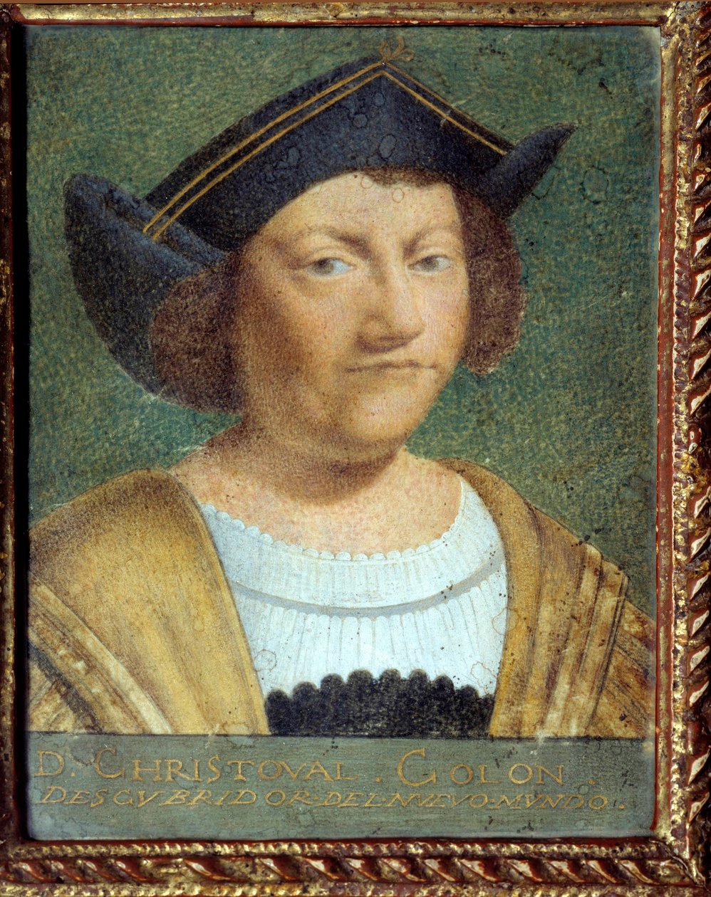 Portrett av navigatøren Christopher Columbus (1451-1506) Maleri på velinpapir fra den portugisiske skolen av School Portuguese