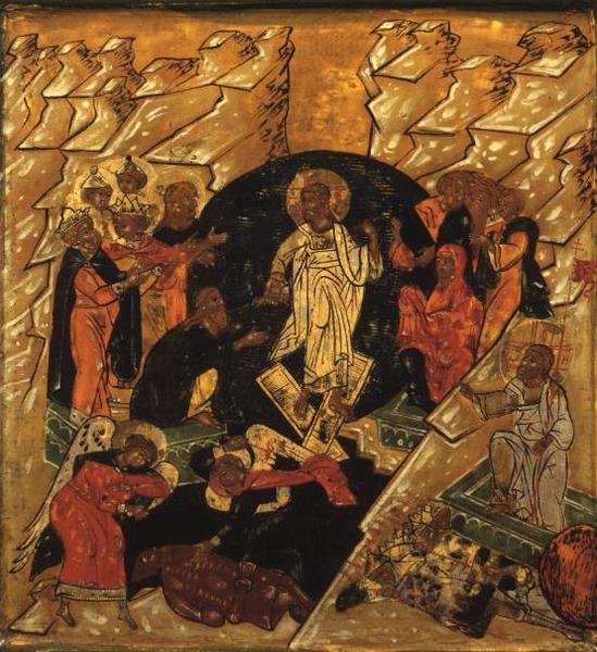 Anastasis (Kristi nedstigning til helvete), russisk ikon, sent på 1600-tallet av School Russian