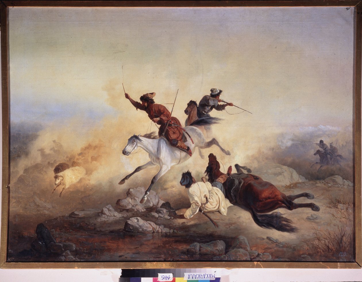 Rovdyrsangrep. Kamp og forfølgelse på hesteryggen i fjellene i Dagestan (Daghestan), mellom den russiske hæren og de kaukasiske jagerflyene, mellom 1830 og 1860. Maleri av en russisk mester, olje på lerret. russisk kunst av School Russian