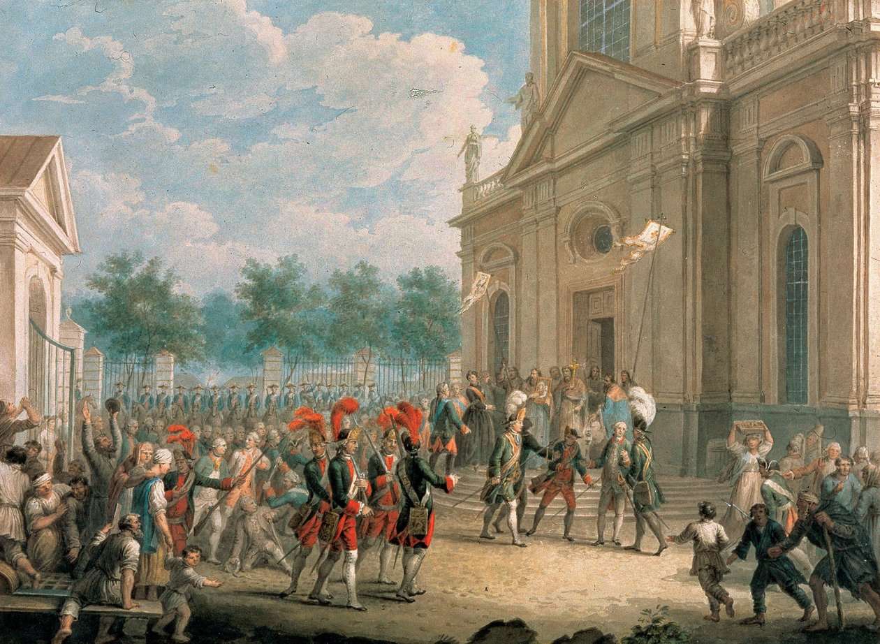 Catherine II (1729-1796) på trappene til Kazan-katedralen (Sankt Petersburg), ønsket velkommen av presteskapet på dagen for hennes tiltredelse til tronen, 28. juni 1762. (Catherine II på The Staircase of The Kazan Cathedral, Hilsen av presteskapet på dagen av School Russian