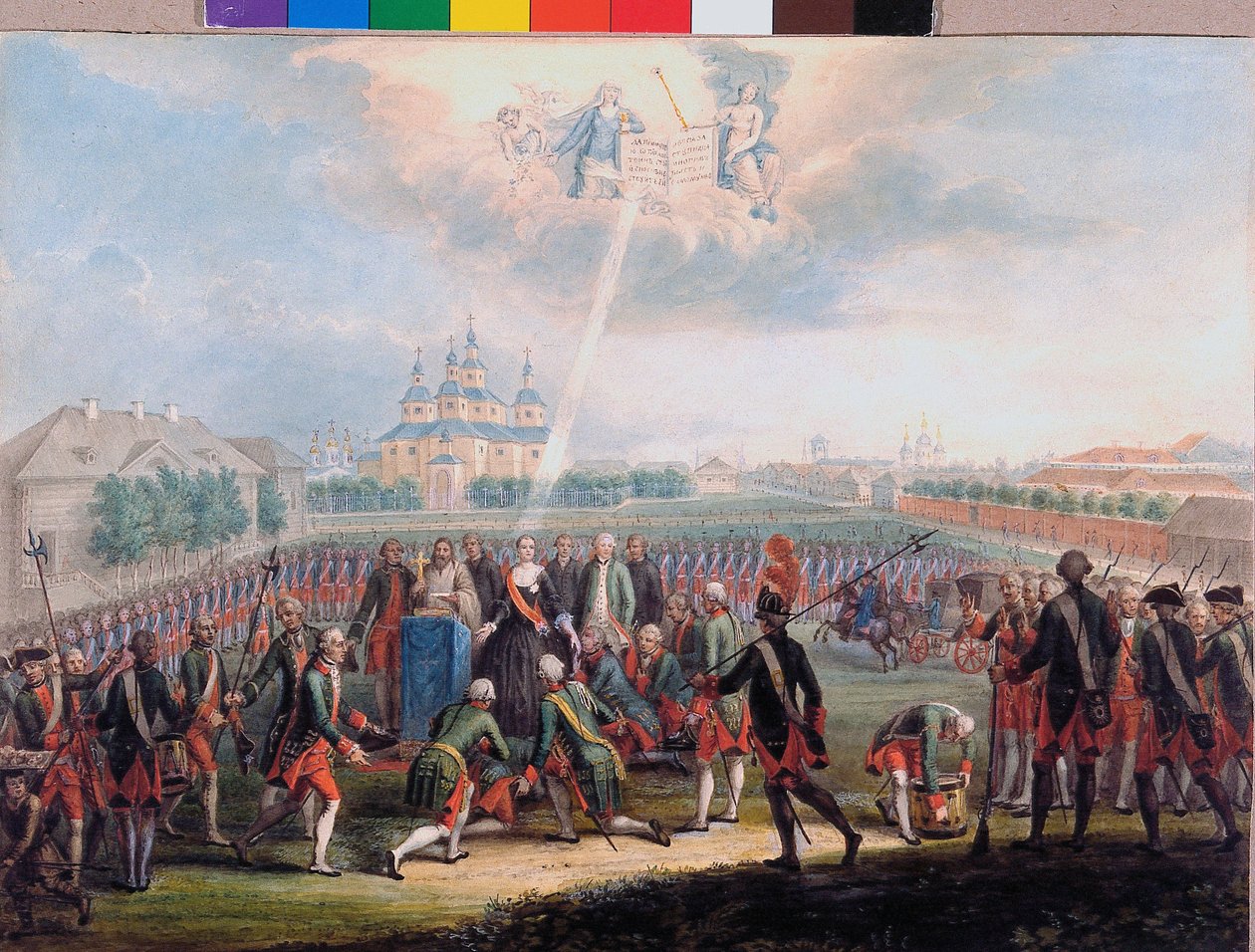Katarina II ble møtt av Izmaylovsky livredderregiment på dagen for palassrevolusjonen 28. juni av School Russian
