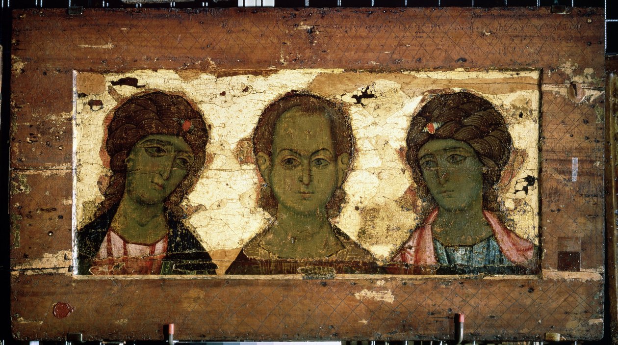 Kristus Emmanuel omgitt av erkeenglene Mikael og Gabriel (Kristus Emmanuel med erkeenglene Mikael og Gabriel). Russisk ikon, tempera på tre, slutten av 1100-tallet. Kunsten til Vladimir (Russland). Statens Tretyakov-galleri, Moskva (Russland). av School Russian