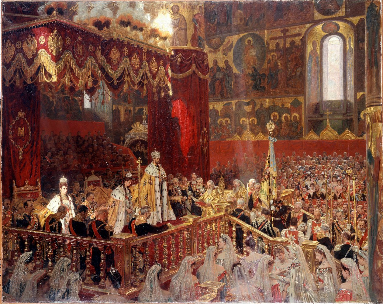 Kroningen av Nicholas II i 1896 i Ousensky-katedralen i Moskva - Anonymt russisk maleri av School Russian
