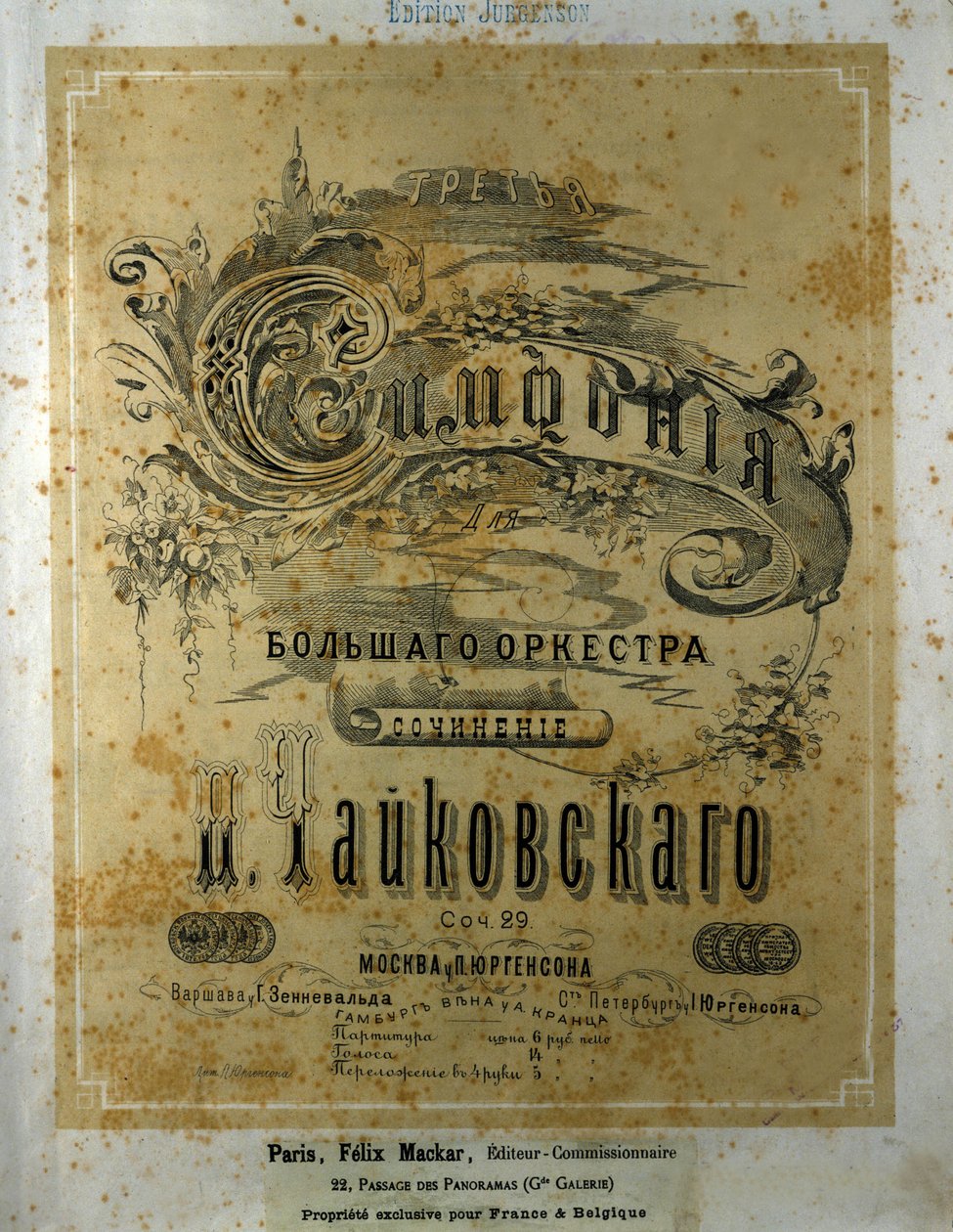 Cover av partituret til Symphony n. 3 i R-dur Piotr eller Pyotr Ilyich Tchaikovsky (eller Tchaikovsky eller Cajkovskij eller Tchaikovsky av School Russian