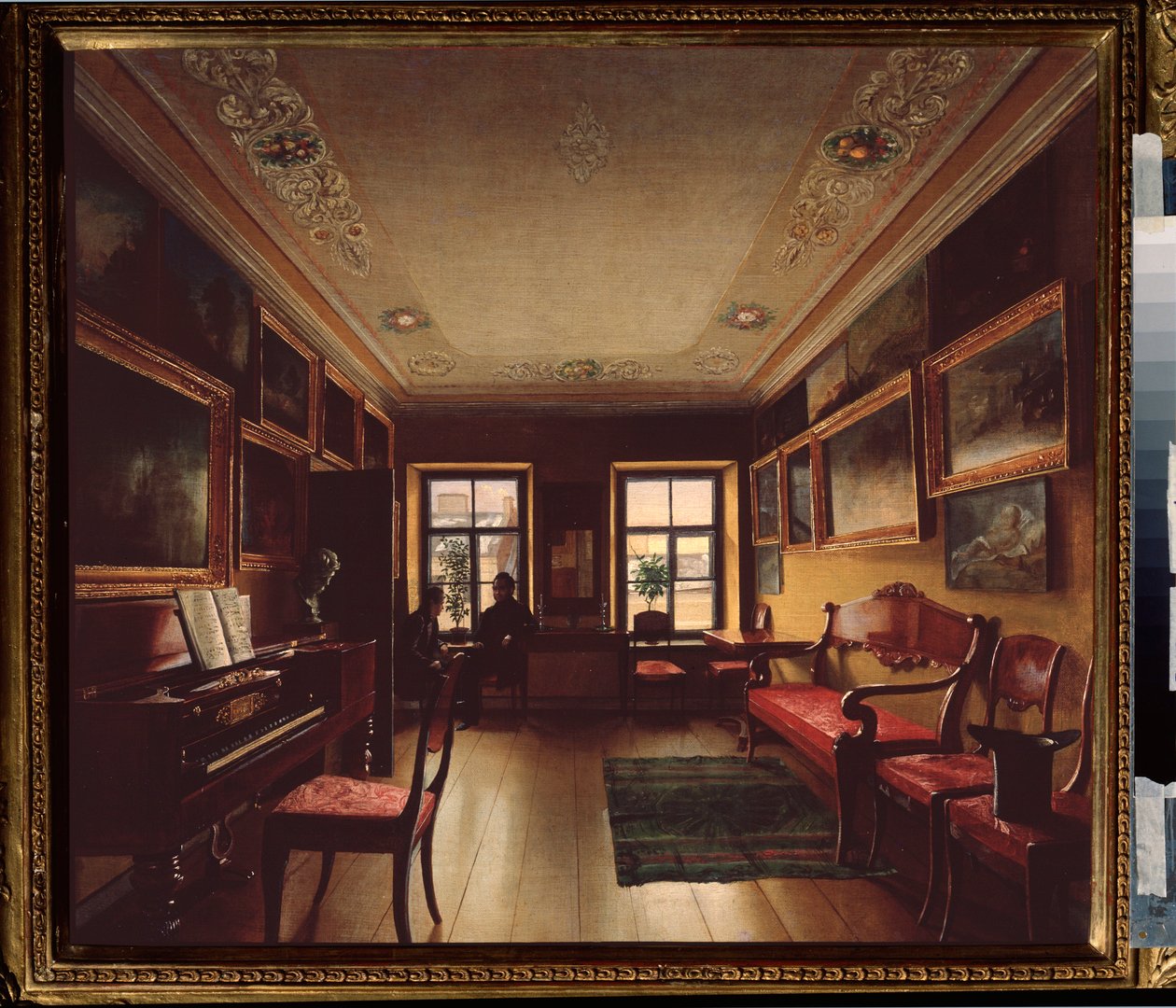 I rommet. (To menn i samtale foran vinduet i et rom med et piano, dekorert med malerier). Maleri av en russisk mester, olje på lerret, ca 1830. Russisk kunst av School Russian