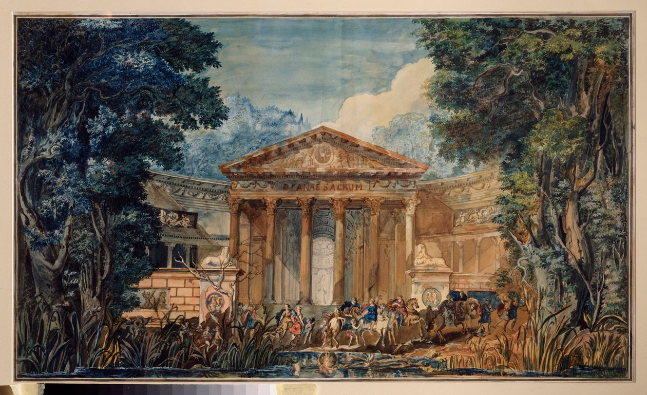 Forberedende dekor for operaen ""Fedra"" (Phedre) av Giovanni Paisiello (Paesieillo eller Paesieixo) (1740-1816). Arbeid av en russisk mester, akvarell og gouache på papir, rundt 1800. Russisk scenografisk kunst av School Russian