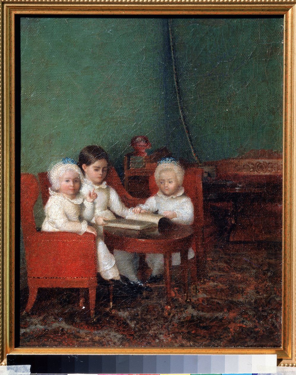 Barn i et interiør. Anonymt maleri. Olje på lerret, 25,2 x 20,6 cm av School Russian
