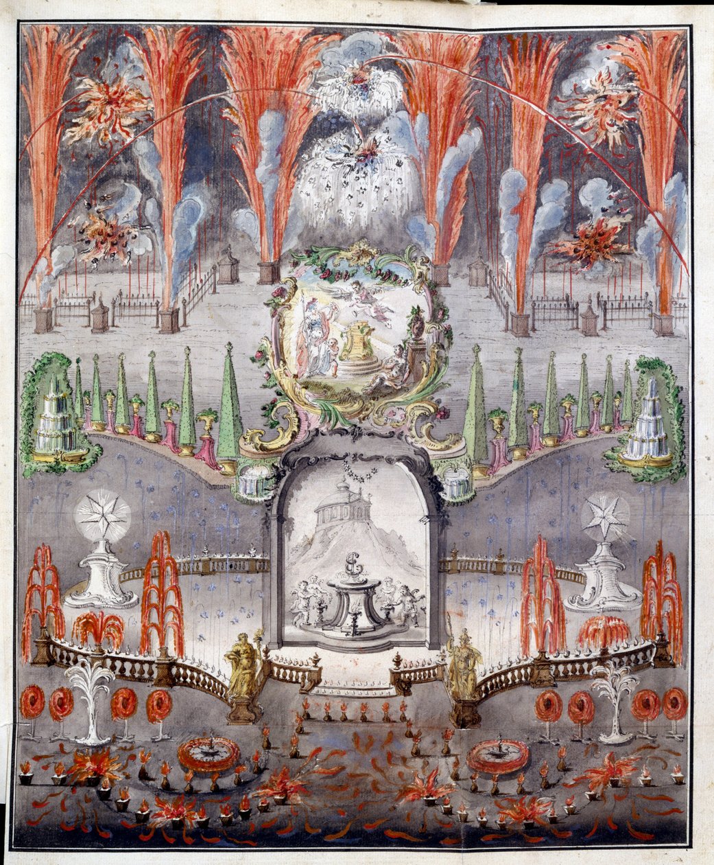 Fyrverkeri og belysning 17. september 1747 i Gostilitsy (Russland). Anonymt verk, kobberstikk farget i akvarell, midten av 1700-tallet. russisk kunst av School Russian