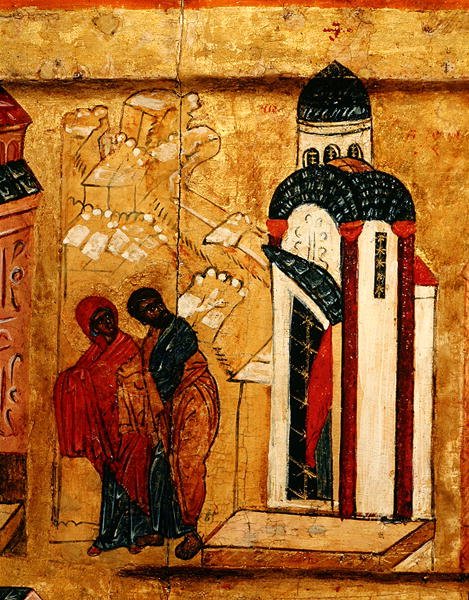 Ikon som viser at Joachim og Annas gaver blir avvist på grunn av deres barnløshet, ca. 1550 (tempera og bladgull på panel) (detalj av 314500) av School Russian