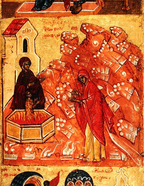 Ikon som viser en scene under flyturen til Egypt, ca. 1550 (tempera og bladgull på panel) (detalj av 314 500) av School Russian