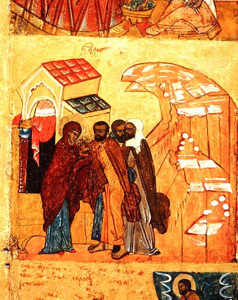 Ikon som viser en scene fra Jomfruens liv, ca. 1550 (tempera og bladgull på panel) (detalj av 314500) av School Russian
