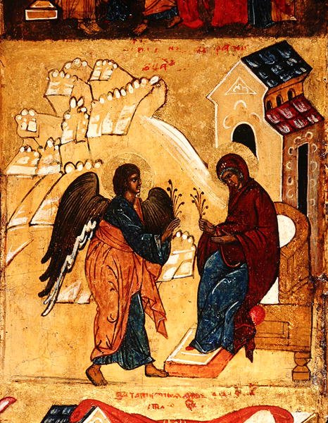 Ikon som viser kunngjøringen, ca. 1550 (tempera og bladgull på panel) (detalj av 314500) av School Russian