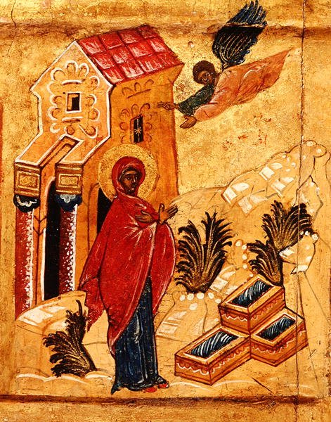 Ikon som viser kunngjøringen til St. Anne, ca. 1550 (tempera og bladgull på panel) (detalj av 314500) av School Russian