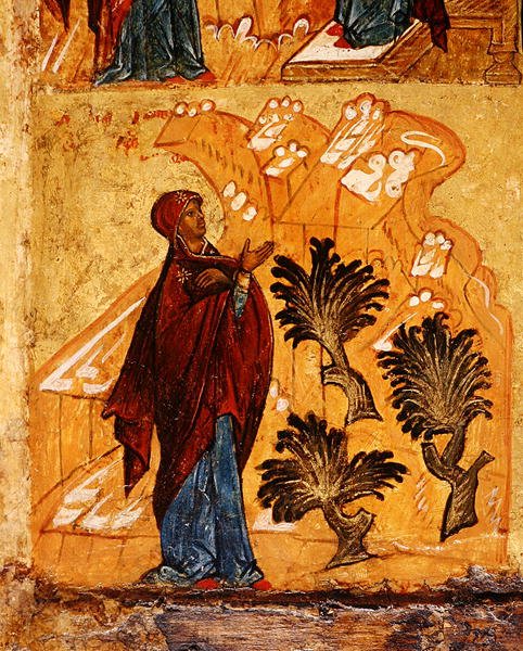 Ikon som viser jomfruen som ber i villmarken, ca. 1550 (tempera og bladgull på panel) (detalj av 314500) av School Russian