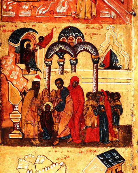 Ikon som viser Jomfruens barndom og hennes dedikasjon til Gud, ca. 1550 (tempera og bladgull på panel) (detalj av 314500) av School Russian