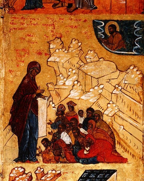Ikon som viser den mirakuløse tilsynekomsten av jomfruen til prins Andrei Bogolyubsky i 1155, ca. 1550 (tempera og bladgull på panel) (detalj av 314500) av School Russian