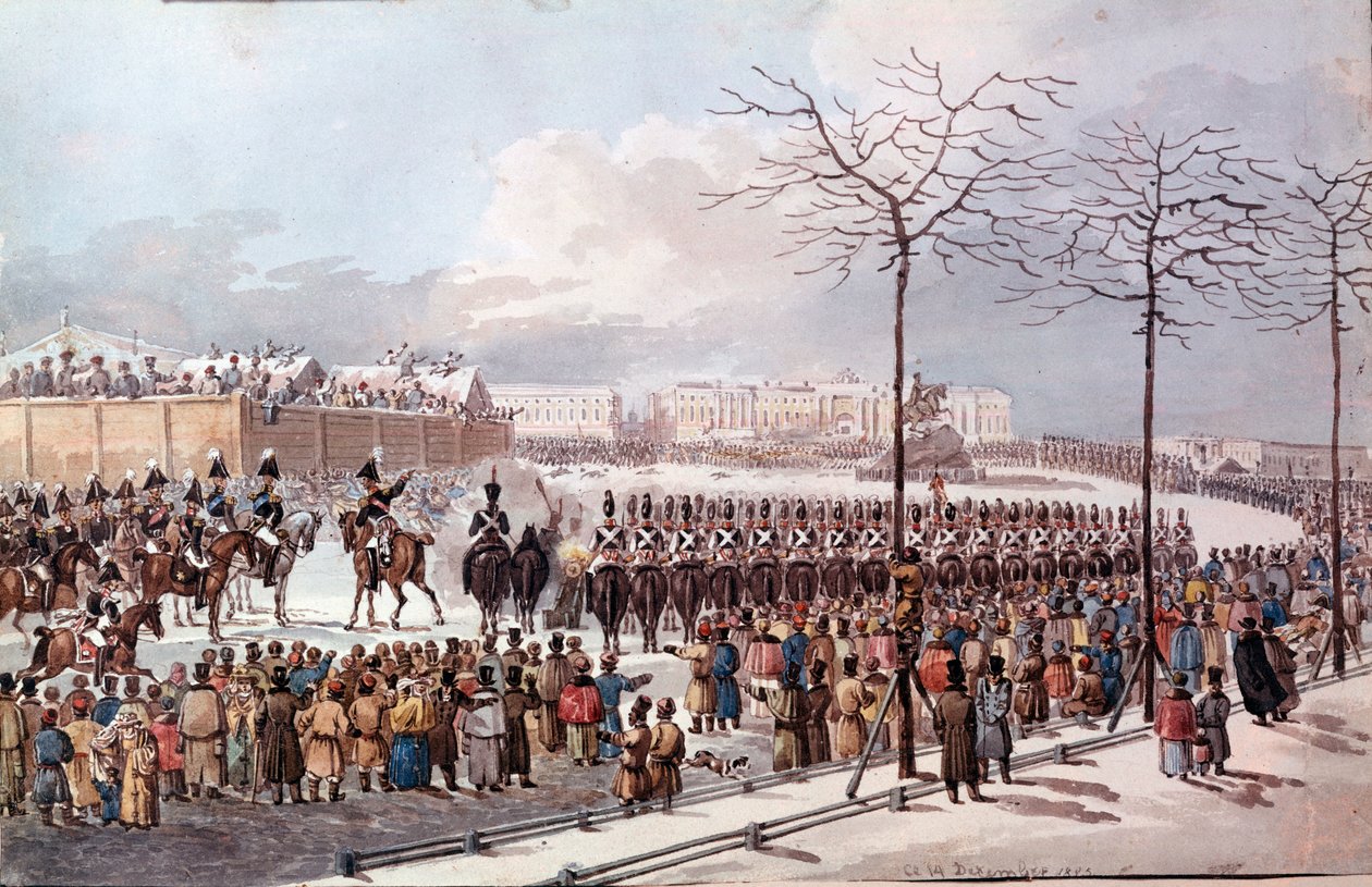 I 1825 Revolt of the Decembrists (Decabrists) i fremtiden til Nicholas I for å få en ny grunnlov. Gravering fra 1830. St. Petersburg. Eremitagebiblioteket av School Russian
