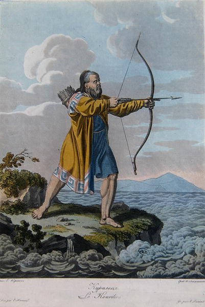 Innbygger på Kuriløyene, ca. 1800 (farget gravering) av School Russian