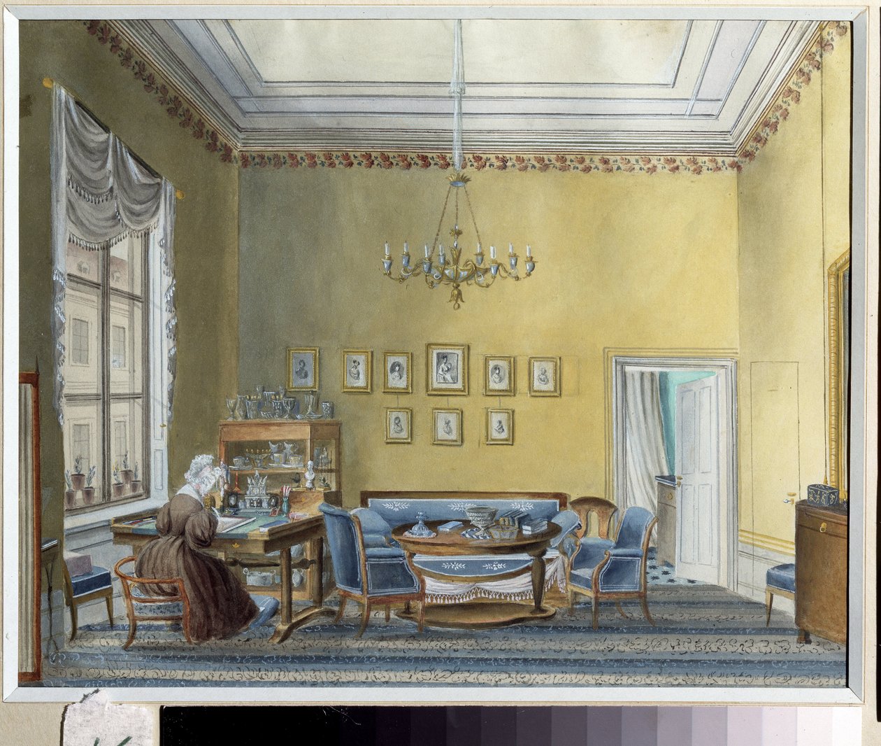 Interiør i E. Boratynsky (Evgueni Baratynski) huset (1800-1844) i Moskva (Interiør i E. Boratynskys hus i Moskva). Maleri av en russisk mester fra 1800-tallet. Akvarell på papir, ca 1830. Russisk kunst, klassisisme. Statens museum for E. Boratynsk av School Russian
