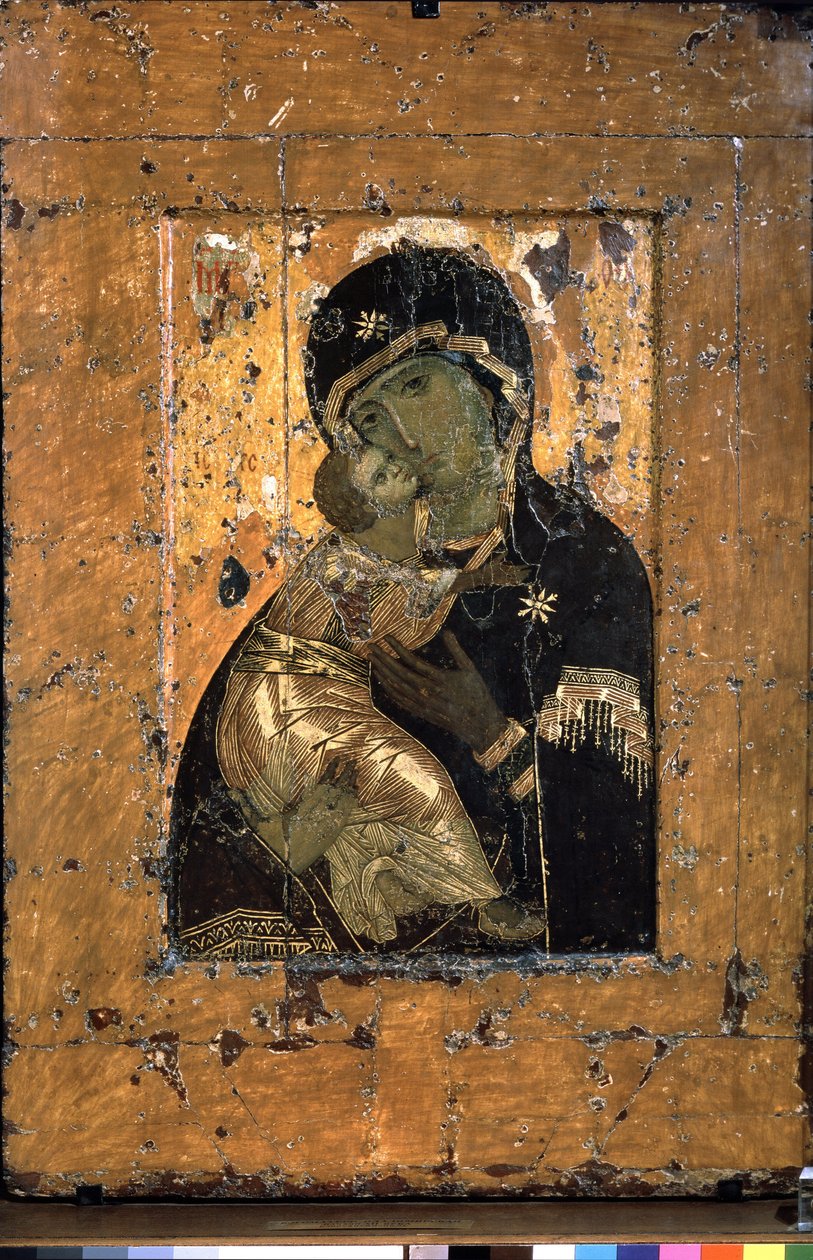 Jomfruen til Vladimir (Jomfruen til Vladimir). Tradisjonell representasjon av ømhetens jomfru og Jesusbarnet som koser seg mot ansiktet til sin mor. Russlands mest aktede ortodokse ikon, mange ganger kopiert. Bysantinsk ikon, tempera av School Russian