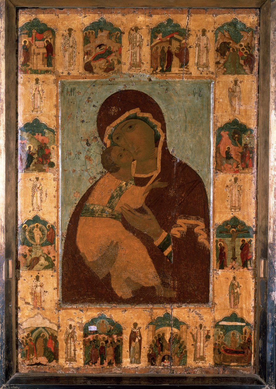 ""Jomfruen av Vladimir"" (Vladimirskaia) russisk ikon. Maling på tre. 1514 Dormition-katedralen i Kreml, Moskva av School Russian